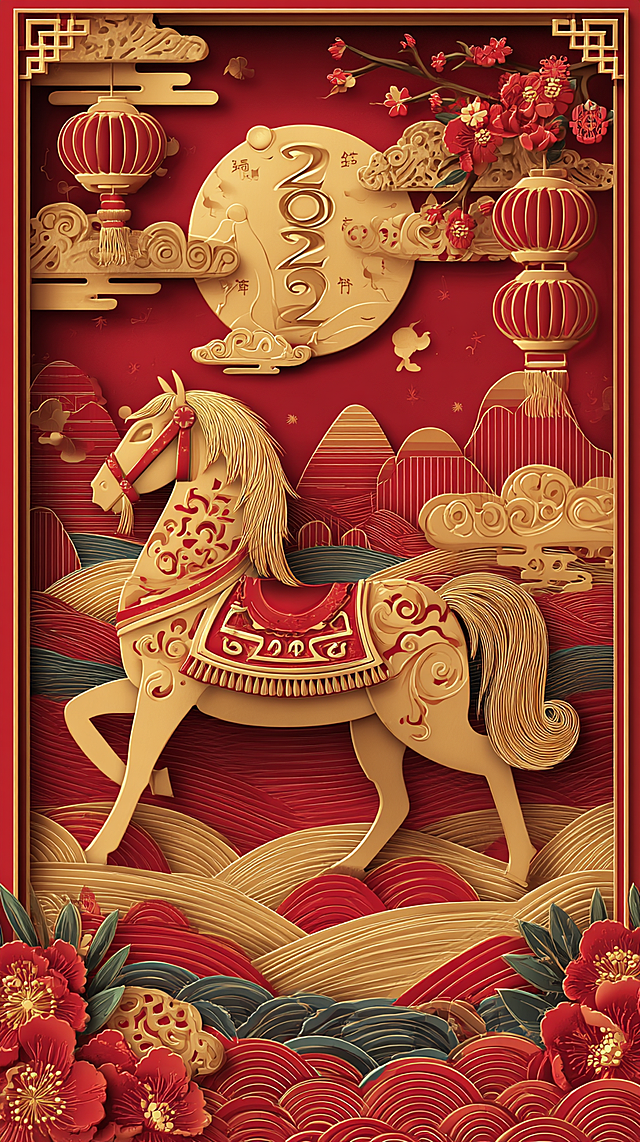 中国风2026马年新年主题海报，采用传统剪纸与浮雕工艺结合的风格，以喜庆的大红色和奢华的金色为主色调。画面主体是一匹装饰着红金花纹马鞍的金色骏马，姿态昂扬有力。背景是层叠的红色山峦、蜿蜒的河流、一轮满月和金色祥云，点缀着传统红灯笼与镂空花纹挂饰。底部有红色波浪纹和金红相间的牡丹、梅花等花卉。在画面上方醒目的位置，添加艺术化的“2026”字样，融合剪纸风格，与整体视觉统一。整体氛围华丽喜庆，富有立体感和传统节日韵味，细节丰富，质感细腻。