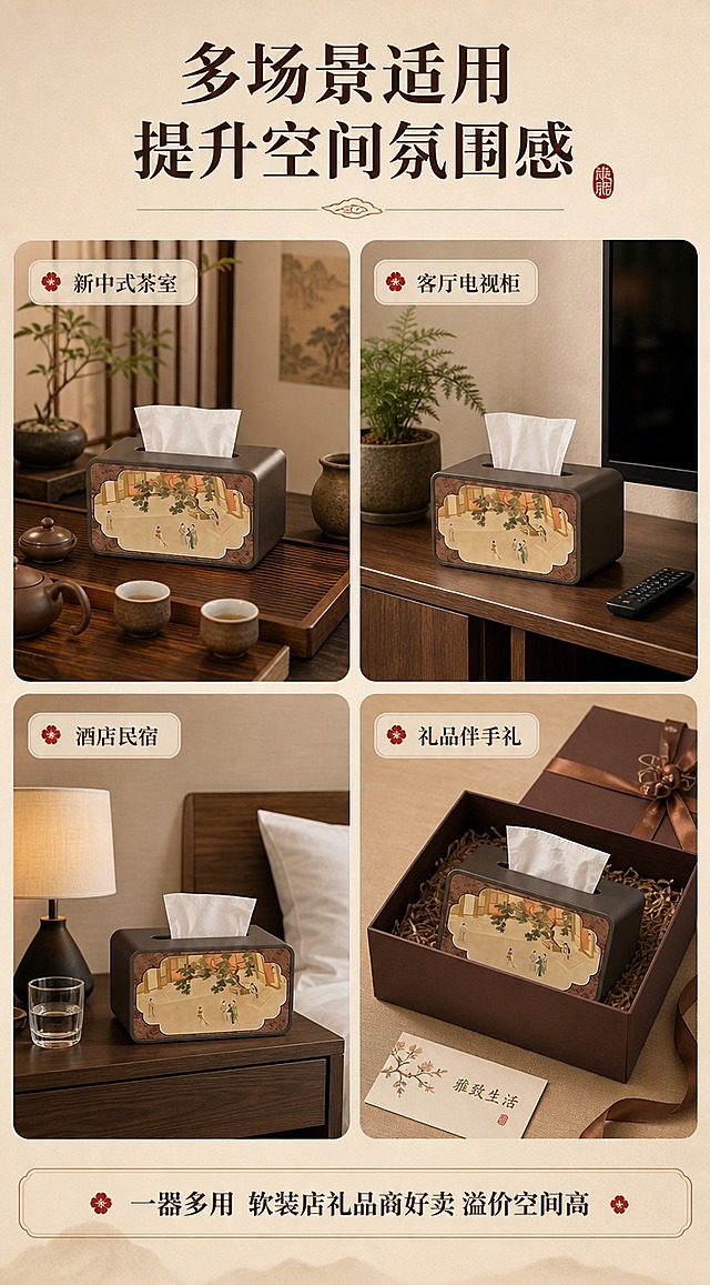 [商品] 使用【图1】深咖色长方形国风 PU 肤感皮革纸巾盒；保留盒身深咖色 PU 材质、正面国风古画印花面板、整体造型；融入各场景中。
[画面] 场景应用图，多场景拼图型。2×2 四格场景拼图：左上-新中式茶室茶桌摆放，配茶具、茶盘；右上-客厅电视柜桌面，配绿植、遥控器；左下-酒店民宿客房床头柜，配台灯、水杯；右下-礼盒伴手礼场景，纸巾盒放入精美礼品盒中，配丝带、贺卡。每格场景真实自然，产品融入环境。
[视觉] 套系策略：风格=新中式简约商业摄影；标题字=宋体粗体（中式衬线）；正文字=黑体；主色=深咖棕+浅米杏；背景延展=基于浅米杏做深浅层级、同色渐变和宣纸/绢布质感；强调色=赭石红，仅用于小面积图标、引线和标签；标题色=深咖棕；正文色=中暖灰；组件=圆角浅底信息卡、细线引线、中式印章式标签；光影=左前侧暖柔光，柔和阴影。
[文字] 顶部主标题：多场景适用 提升空间氛围感；底部副标题：一器多用 软装店礼品商好卖 溢价空间高；四格分别标注场景名：新中式茶室、客厅电视柜、酒店民宿、礼品伴手礼。
[规格] 图片比例 9:16 竖版，4K 分辨率，宽度 750px。避免变形、错字、文字过小、冷蓝/蓝灰背景、极限词、真皮字样。