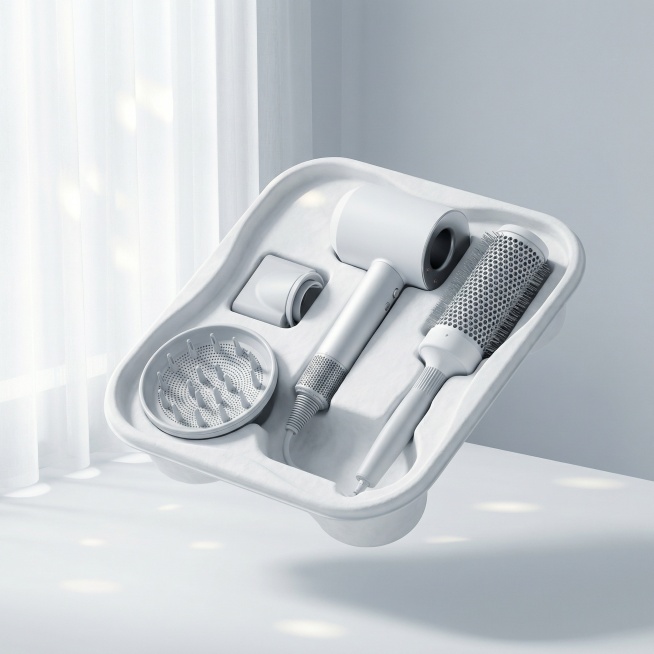 一张吹风机产品包装内托场景图，主体是吹风机及相关配件放置在漂白纸浆湿法热压成型的光滑纸浆内托中，保持主体物理结构不变，强制保留吹风机及所有配件完整。采用C4D渲染，OC光追，现代极简风，大面积柔光，纯预览效果