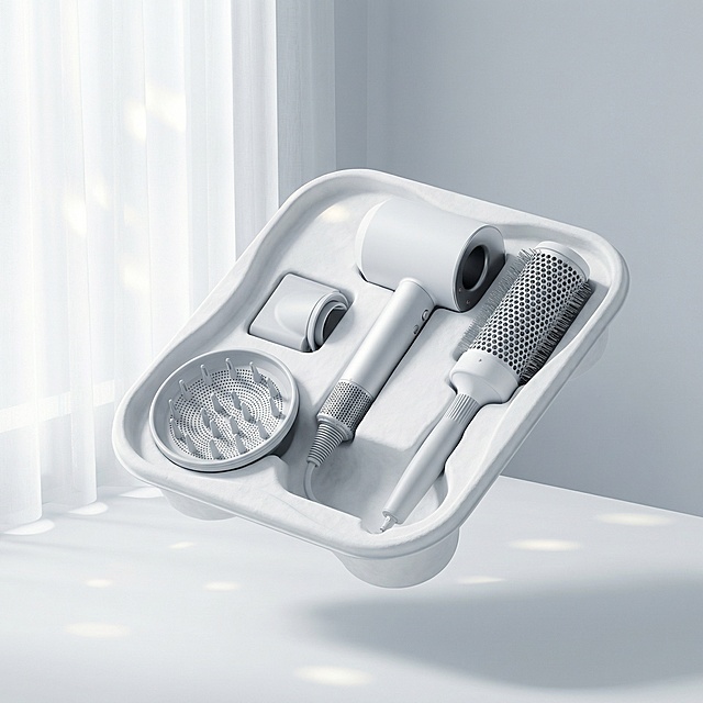 一张吹风机产品包装内托场景图，主体是吹风机及相关配件放置在漂白纸浆湿法热压成型的光滑纸浆内托中，保持主体物理结构不变，强制保留吹风机及所有配件完整。采用C4D渲染，OC光追，现代极简风，大面积柔光，纯白冷灰调，几何悬浮构图。商业高调摄影，柔和漫射光从透光窗帘射入，低对比度，阴影极淡柔和，整体明亮干净通透。具备前中后景层次，三分法构图，保留30%画面留白，点缀自然光影光斑增加流动感。塑料材质使用柔和漫反射与3S次表面散射，金属部分使用硬朗光效和清晰高光，突出产品质感。