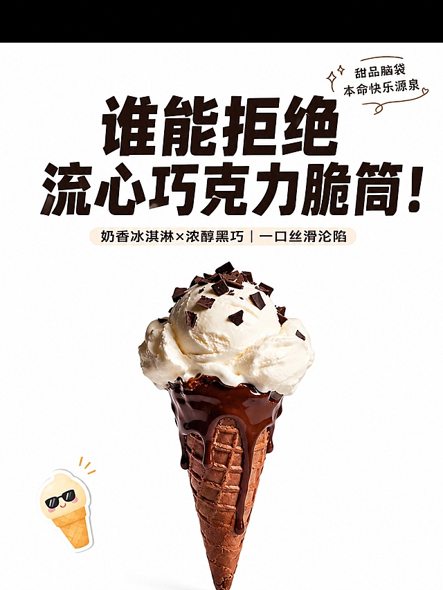 小红书笔记大字封面，配图大字，ins清新奶油风，版式精美，小红书笔记封面质感，适合信息流点击。主标题必须完整呈现且为画面视觉中心，逐字锁定：「谁能拒绝流心巧克力脆筒！」。主标题字号占画面约 40% 视觉权重，清晰可读，不得增删改字。副标题：「奶香冰淇淋×浓醇黑巧｜一口丝滑沦陷」。装饰短句/角标：「甜品脑袋本命快乐源泉」。背景：纯白干净背景，上下预留黑色留白边框，构图干净极简，无多余杂物。标题排版：深色扁平粗黑体，采用配图大字 I17 底图+全屏遮罩策略。配图：【图1】产品置于画面居中，保留原图一颗巧克力华夫蛋筒香草冰淇淋，融化巧克力酱顺着蛋筒滴落，顶部撒黑巧克力碎，奶油蓬松细腻，柔和自然光，低饱和奶油滤镜，高级质感调色，对比度柔和，质感通透，8K超清，食品商业大片。装饰：1个冰淇淋emoji贴纸放在左下角，右上角角落放装饰小字，不抢主标题视觉。整体氛围：高级美食探店分享，清新诱人。画质：高清细腻，信息层级清晰，主标题与背景强对比，文字完整处于安全区内不可裁切，四周留安全边距。图生图：严格使用用户上传图片，【图1】为产品底图。画面比例 3:4
