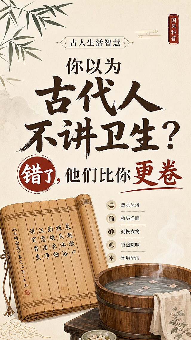 公众号科普竖版图文封面，主题是古代人其实很讲卫生，标题写"你以为古代人不讲卫生？错了，他们比你更卷"，国风简洁风格，浅米色背景，搭配复古竹简和热水盆元素，文字排版清晰，适合手机阅读