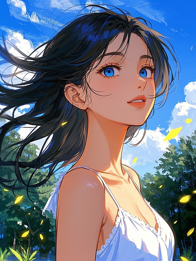 少女风中回眸半身，蓬松刘海，动态模糊，发丝分离，侧身正面照，嘴角微微上扬，超现实主义，印象派，细节丰富，色彩生动完美，氛围高光，个性视角，非对称，对焦人物主体，既视感，现场感，浓浓的氛围感拉满，虚焦，景深，高噪点，强烈的胶片颗粒质感，层次丰富，暗角，写意，光的美学，超现实，高级感，温柔惊艳，蓝色系