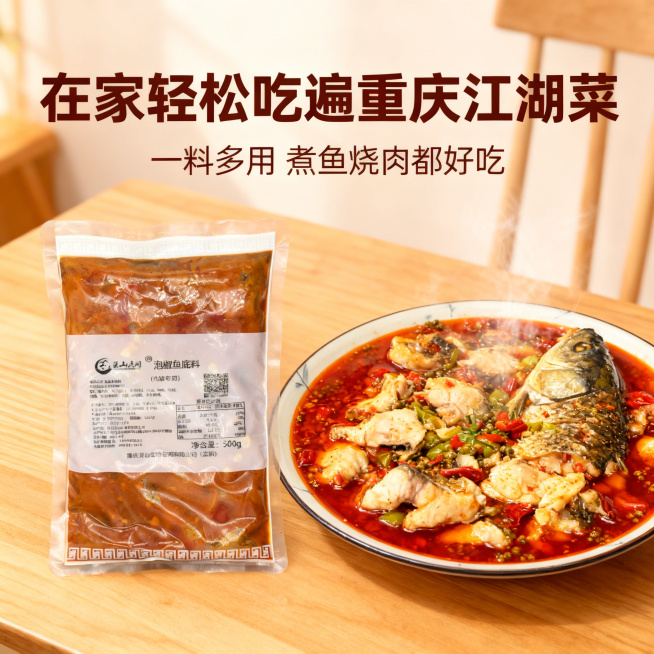 [主图 4] 梁山民间泡椒底料场景体验主图，主图主题：在家做出正宗重庆江湖菜，氛围风格：温馨家常菜场景，温暖有食欲；画面元素：产品包装袋放置在画面左侧，右侧是用该底料煮好的泡椒鱼成品，热气腾腾，鱼肉鲜预览效果