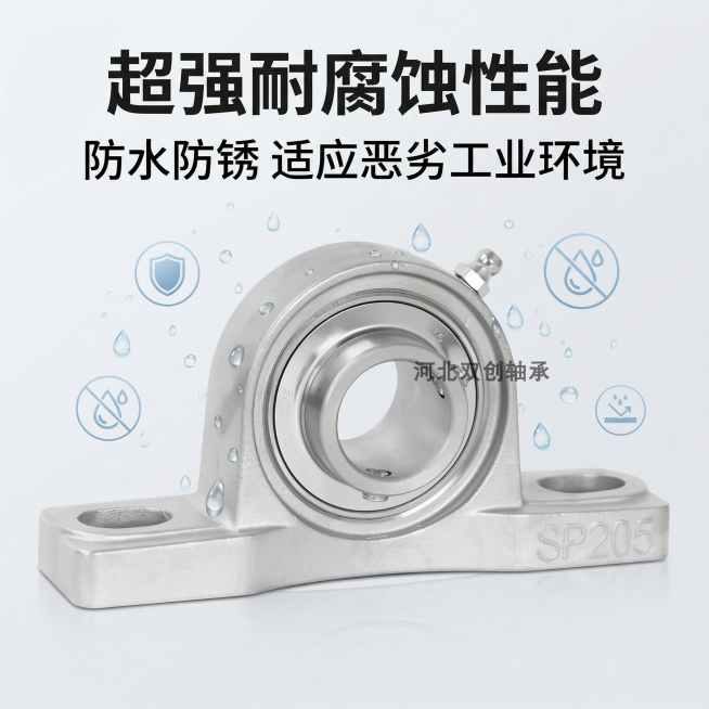 1:1 竖版电商主图，严格还原上传的不锈钢外球面轴承产品图，包括银色金属外观、底座刻字 SP205、品牌文字位置、整体结构等所有细节，产品外观必须与参考图完全一致，不得改变金属配色、结构形态或品牌元素预览效果