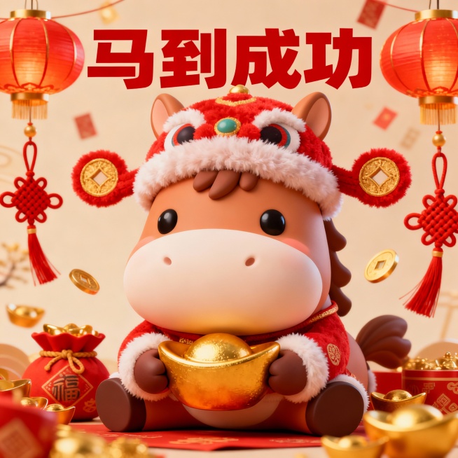 马年新年到，我想用稿定AI，生成和马年有关的新春祝福Q版3D表情包，让表情充满浓浓春节味道，需要生成6个不同的表情包，并搭配上一个祝福的成语或者俗语预览效果