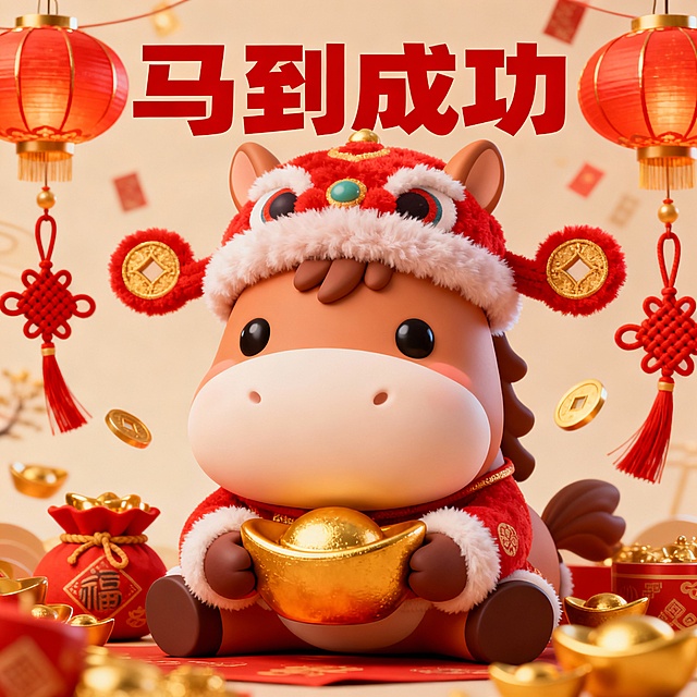 马年新年到，我想用稿定AI，生成和马年有关的新春祝福Q版3D表情包，让表情充满浓浓春节味道，需要生成6个不同的表情包，并搭配上一个祝福的成语或者俗语
