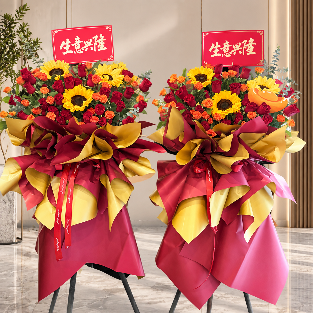 保留图1花篮的花材、包装和整体结构完全不变，将花篮上的大贺卡替… - 图片创意预览