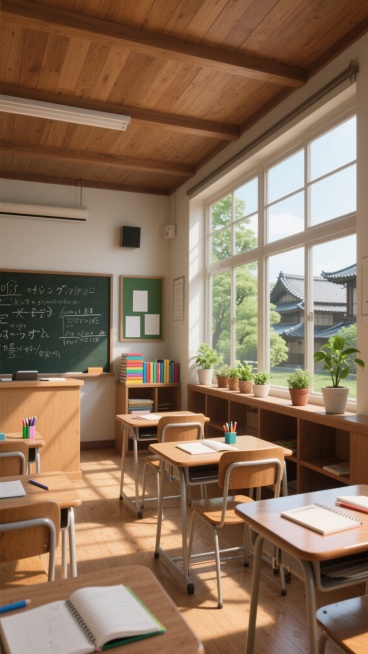 3D渲染风格的日本教室内部场景，温暖的木质天花板与窗框，阳光透过大面积玻璃窗洒入，形成明亮柔和的光影效果，地板和课桌椅呈现自然的木色纹理，黑板上写满数学公式和日文板书，讲台旁堆叠着彩色书本与粉笔盒，窗台上摆放着多盆绿植，窗外可见绿树与传统日式建筑屋顶，教室内散落着几本翻开的笔记本与文具，整体氛围宁静而充满学习气息，画面构图采用近景桌椅与远景黑板的层次感布局，色彩以原木色、白色和绿色为主色调，光……预览效果