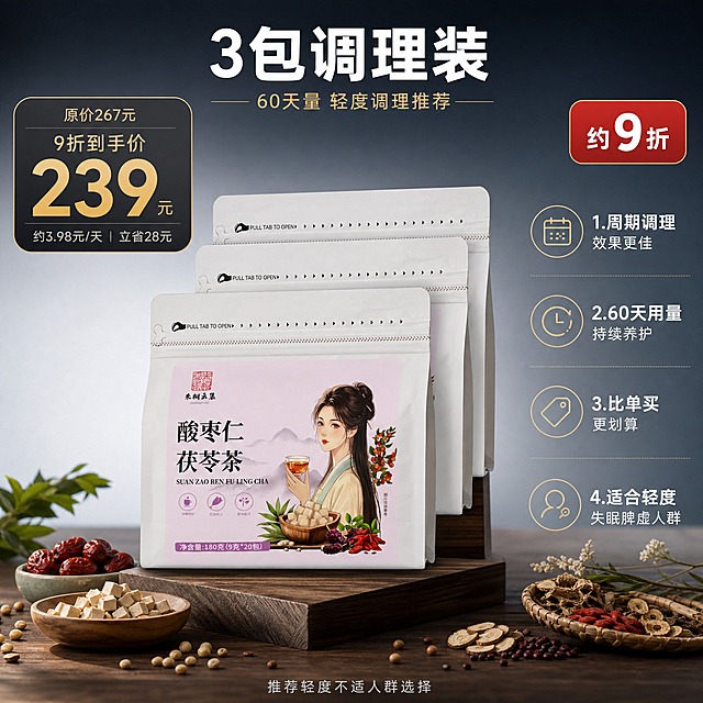 [商品] 使用【图1】【图2】酸枣仁茯苓茶产品袋；保留全部包装外观、颜色、文字与Logo；产品外观完全不变。
[画面] SKU图-3包调理装，目标展示3包9折优惠与60天调理价值。画面中央放3袋产品堆叠展示，2袋在后1袋在前呈阶梯状排列，立放在深棕色木质展台上，占画面55%。产品前方散落真实原料与草本装饰。背景深灰蓝到浅灰渐变。左上角有醒目的9折标签与价格，右侧有卖点与性价比说明。
[视觉] 套系策略：风格=高级暗调商业摄影；标题字=简约黑体粗体；正文字=简洁黑体细体；主色=深灰蓝；背景延展=深灰蓝到浅灰渐变，搭配木质展台与自然植物；强调色=暖金色，仅用于价格、折扣标签、图标；标题色=纯白色；正文色=浅灰色；组件=圆角价格标签、9折徽章、细线卖点图标、半透明信息卡；光影=左前侧柔和侧逆光，产品堆叠有自然层次与阴影。
[文字] 顶部大标题 3包调理装 白色粗体；副标题 60天量 轻度调理推荐 暖金色细体；左上角价格标签 原价267元 9折到手价 239元 暖金色大号数字 下方小字 约3.98元/天 立省28元；右上角红色圆角徽章 约9折 白色字；右侧4个卖点竖排 1.周期调理 效果更佳 2.60天用量 持续养护 3.比单买更划算 4.适合轻度失眠脾虚人群；底部小字 推荐轻度不适人群选择 浅灰色。
[规格] 图片比例1:1正方形，2K，避免变形、错字、模糊、杂乱、水印、平台Logo、绝对化用语、医疗功效宣称。