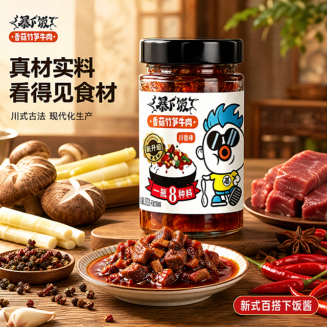 [主图-1] 吉香居暴下饭香菇竹笋牛肉酱产品展示首图。
[氛围风格] 川式家常风融合年轻网红潮流，真实食欲感满满。
[画质] 商业摄影质感，光线柔和通透，产品清晰真实，画面干净高级。
[元素] 吉香居暴下饭酱瓶居中展示，前方瓷盘盛放酱体，大块牛肉粒清晰可见；周围摆放香菇竹笋牛肉辣椒花椒等原材，置于原木餐桌背景；左上角保留原品牌Logo"暴下饭"，保持字形配色与原图一致，不遮挡产品主体；商品主体占比约70%，画面满屏无边框。保持产品外观，物理结构、材质质感、颜色与输入产品图绝对一致，杜绝任何变形和色差，精细化处理。
[光影] 自然暖阳逆光从侧后方打来，突出酱料油润光泽和原材质感，整体通透不灰蒙，高光不溢出，暗部有层次，食欲感强烈。
[配色] 主色调为暖木棕、酱料红，辅以原材自然本色，色彩浓郁富有食欲。
[视角构图] 平视四分之三角度，产品完整展示，前景中景背景层次分明。
[文字版式] 左上角品牌Logo下方大字文案"真材实料 看得见食材"，深棕色粗体无衬线，最大字号清晰醒目；小字辅助文案"川式古法 现代化生产"，约一半字号同色浅透，左对齐排列；右下角轻标签"新式百搭下饭酱"红底白字。文字均在负空间不遮挡产品。
[比例分辨率] 1:1比例，4K分辨率，文字清晰可辨，超高清画质。
[负向提示词] 变形，水印，文字错乱，产品图模糊，背景杂乱，文字遮挡主体