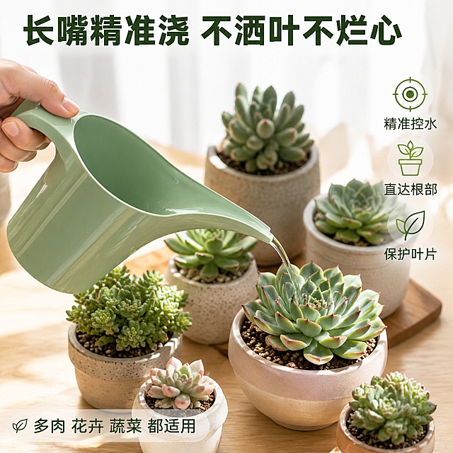 [主图-3] 长嘴浇水壶使用场景图（浇多肉特写）
[氛围风格] 清新微距场景风 自然真实 细节感强
[画质] 商业摄影质感 自然光柔和 浇水动作真实清晰
[元素] 画面展示一只手握着莫兰迪绿色长嘴浇水壶 正在给多肉盆栽浇水的特写场景。长嘴对准多肉根部 细细的水流缓缓流入土壤 不洒到叶片上 展示精准控水的效果。周围摆放着各种多肉盆栽 形态各异 颜色丰富。背景是浅木色桌面和柔和的光线。整体真实有细节感。保持浇水壶外观与输入产品图绝对一致 杜绝任何变形和色差。
[光影] 柔和的窗边自然光 从侧方照射 水流透明有光泽 多肉叶片饱满有质感 整体明亮清新有细节感
[配色] 主色莫兰迪绿 多肉各种绿色 木色桌面 整体自然清新
[视角构图] 俯视微侧角度 浇水动作为视觉中心 浇水壶在手中清晰可见 场景丰富真实有代入感
[文字版式] 顶部大标题"长嘴精准浇 不洒叶不烂心" 深绿色粗体大号字。右侧竖排文字 "精准控水""直达根部""保护叶片" 绿色字配小图标。底部一行"多肉 花卉 蔬菜 都适用" 深绿字。文字放在上下和侧边负空间 不遮挡浇水动作主体
[输出要求] 1:1比例 文字清晰锐利 超高清商业摄影质感
[负向提示词] 变形 文字错乱 产品图模糊 背景杂乱 水印 电商平台Logo