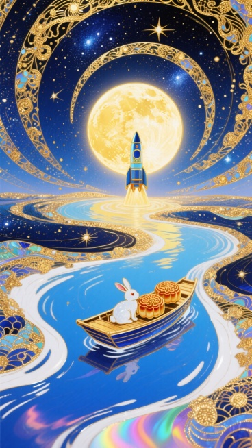 梦幻奇幻风格，全景，小船（漂浮在蓝白色河流上，船上有玉兔和两个月饼 ）居画底部，星空漩涡从小船向四周扩散成漩涡状星空（深金色交织） ，中央巨大的发光满月前有一个火箭，超现实的星空河流世界，梦幻感，色彩预览效果