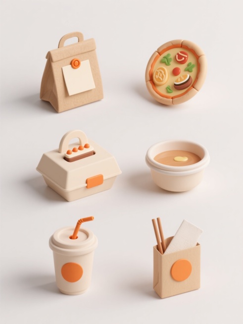 白色背景上，六个等大的3D渲染外卖元素图标呈规整网格排布，每个图标均采用简约现代风格，柔和阴影，光滑的哑光材质表面，统一的米色主色调搭配橙色点缀。第一个图标是带橙色按扣和空白便签的牛皮纸外卖袋，第二个是印有食物图案的圆形披萨外卖盒，第三个是带提手的方形蛋糕外卖盒，第四个是密封的汤碗外卖容器，第五个是带吸管孔的饮料杯外卖包装，第六个是装有筷子和餐巾纸的外卖餐具包。整体设计简洁干净，视觉层级清晰，……预览效果