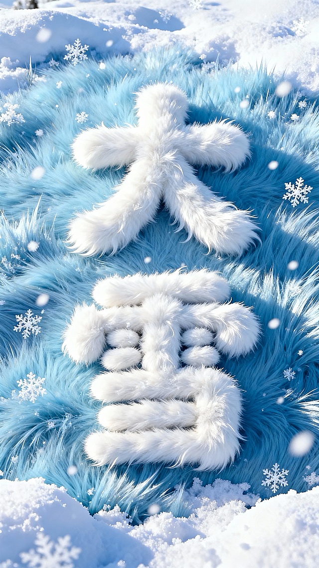 积雪构成的艺术“大雪”字为主体立在雪中，雪花飘落增添梦幻感，蓝白色调