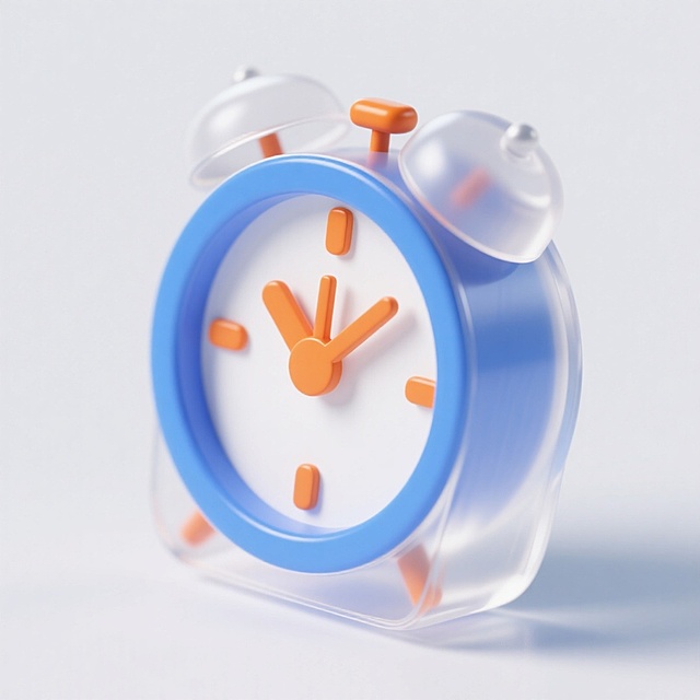 软3D风格的透明闹钟，蓝橙配色清新可爱，玻璃质感透出清透感，简约设计充满童趣与现代感。