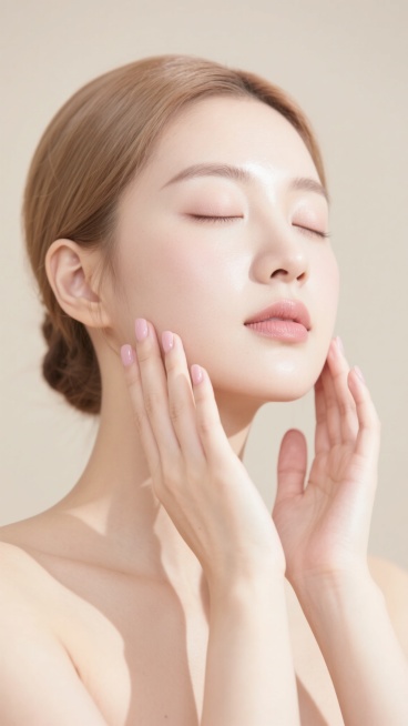 高清写实人像摄影，柔和自然光从侧前方照射，营造明亮通透的氛围，浅米色背景简洁干净。年轻女性闭眼享受护肤时刻，束起的浅棕色头发露出光洁额头，面部肌肤白皙水润，带有自然光泽和细腻质感，眉形精致，唇色淡雅。双手以轻柔姿态轻抚脸颊两侧，修剪整齐的浅粉色指甲，展现温柔呵护的动态。整体画面聚焦于人物上半身，构图饱满，光影过渡自然，色彩清新柔和，传递出舒适、放松、专业的高端护肤体验感。预览效果