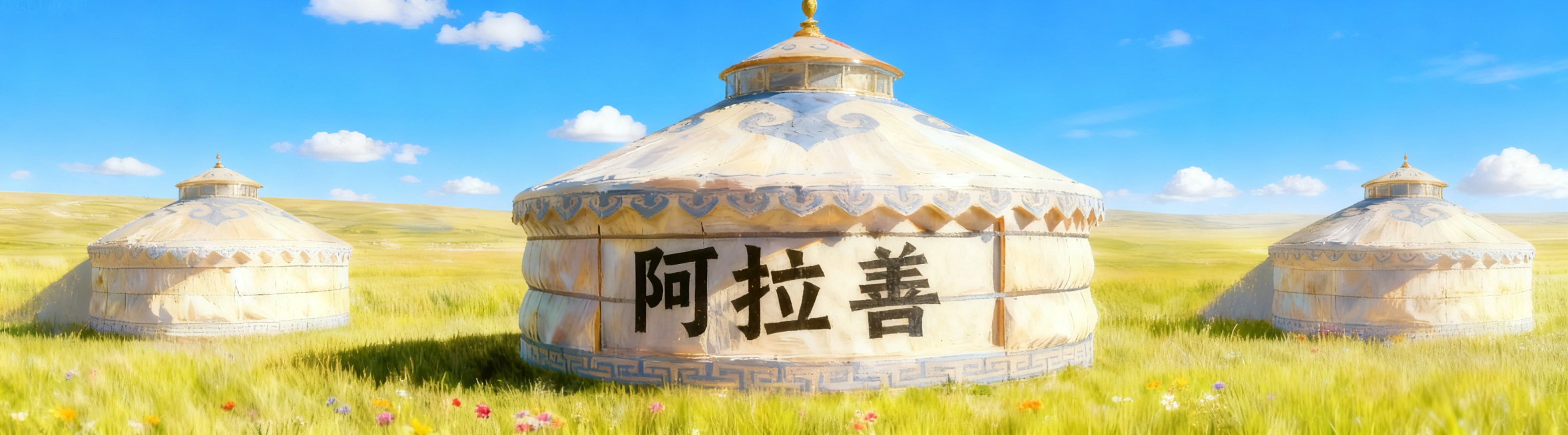 参考当前图片构图和风格，将中间蒙古包上的文字替换为“阿拉善”，保留蓝天小云朵、草地上彩色野花、三个蒙古包布局不变，尺寸360*100预览效果