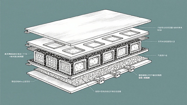 黑白线条示意图，三层复合板材结构剖面图，最上层为外观功能层，标注高密度连续玄武岩纤维+纳米改性树脂，外覆自修复疏水涂层；中间为多腔室阻尼芯层，标注中低密度玄武岩短切纤维+阻尼树脂，内部均匀分布六个方形腔室，每个腔室内标注气凝胶；最下层为安装基层，标注中等密度玄武岩纤维增强树脂，五金/压条安装区。所有结构线条清晰，文字标注工整，白底黑线条，简约专业的工程示意图风格