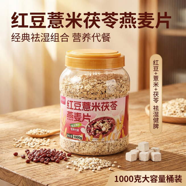 [主图 1] 红豆薏米茯苓燕麦片首图，突出祛湿卖点
[氛围/风格] 健康养生食品风格，自然温馨氛围，高食欲感，自然暖阳漫射
[画面元素] 产品桶装燕麦片居中展示，产品外观与原图完全一致，背景为温馨木质预览效果