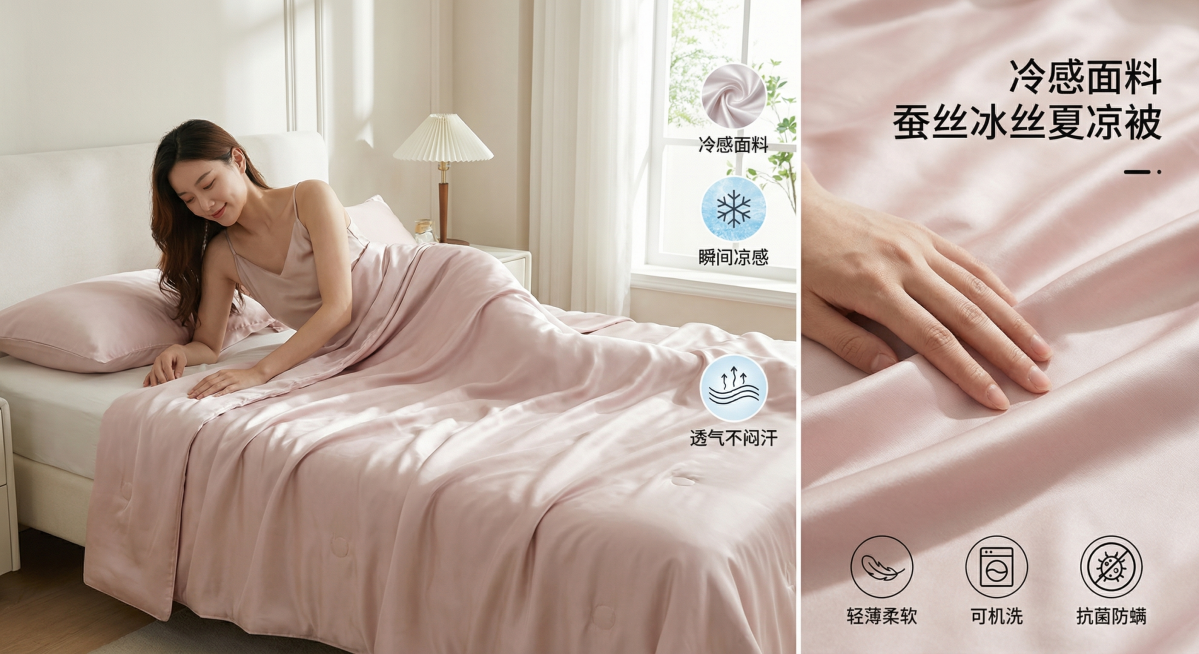 蚕丝冰丝夏凉被商品主图，冷感面料，瞬间凉感，透气不闷汗，轻薄柔软，可机洗，抗菌防螨，简约纯色，轻奢卧室风格，自然光，高清质感，展现人物体验的唯美质感，体现科技分析和柔润瞬凉，适配淘宝和抖音平台，参考图预览效果