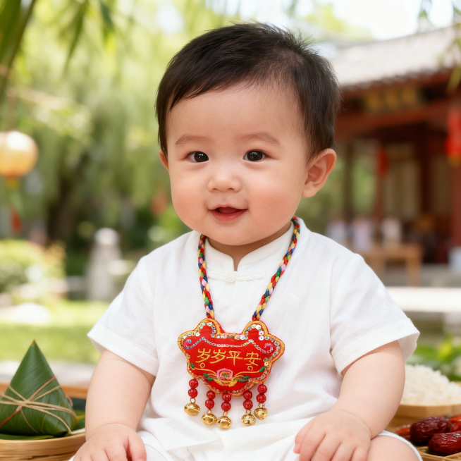端午节日里，穿白色衣服的半岁男宝宝，胸前挂着一个精致的红色岁岁平安刺绣小香包，活泼可爱，户外背景，温馨氛围预览效果