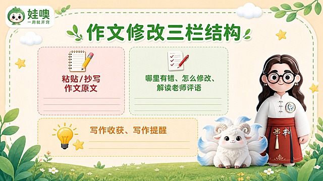 A4横版儿童教育PPT页面，清新杏色和绿色可爱风格，与第3张参考图风格完全一致：浅杏色背景，绿色叶子装饰，白色云朵，黄色星星点缀，圆角虚线边框。左上角有"娃噢 一用就开窍"品牌logo。页面大标题为"作文修改三栏结构"，绿色粗体大字。中间展示作文修改三栏结构示意图：上方左右两栏 + 底部一栏。左栏标题"粘贴/抄写作文原文"（配铅笔/作文本图标，浅粉色底），右栏标题"哪里有错、怎么修改、解读老师评语"（配修改/批改图标，浅绿色底），底部总结栏标题"写作收获、写作提醒"（配灯泡/星星图标，浅杏色底）。三栏用不同颜色区分，结构清晰。页面右下角放置穿白色中式盘扣上衣红色裙子戴黑框眼镜棕色长卷发的3D卡通女老师（与参考图1完全一致）和白色九尾羊有螺旋羊角尾巴尖带淡蓝色的毛绒神兽形象（与参考图2完全一致），形象准确不变。底部有绿色草地和叶子装饰。整体风格清新可爱，结构清晰明了，A4横向比例