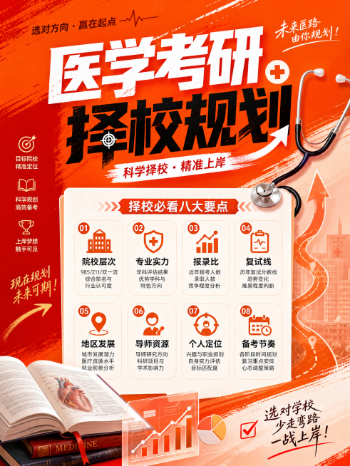 医学考研择校规划海报，主色调橙红色，整体风格活力醒目，包含大标题"医学考研择校规划"，搭配择校要点提示，竖版设计，风格和前两张不同预览效果