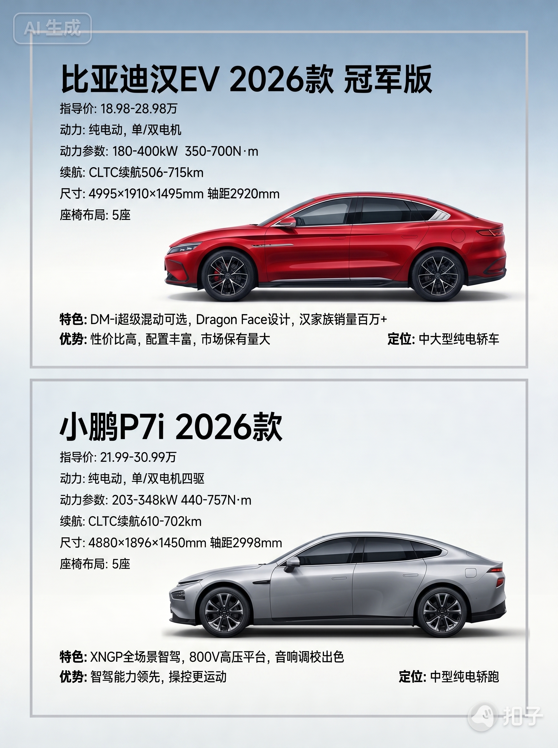 1:1复刻参考图版式，生成比亚迪汉EV 2026款和小鹏P7i… - 图片创意预览