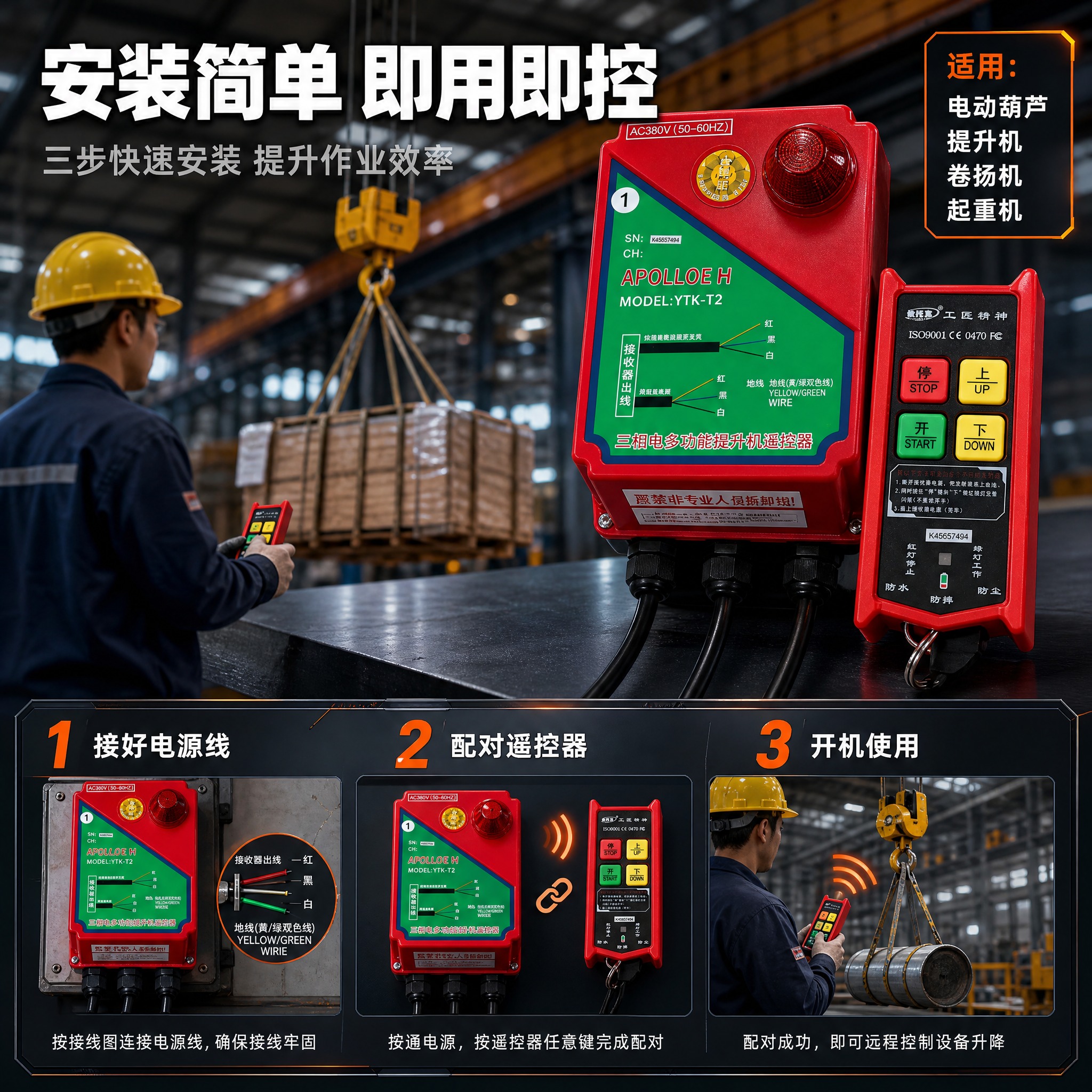 [主图-4] 场景适用与安装操作图，展示提升机遥控器在工地/厂… - 图片创意预览