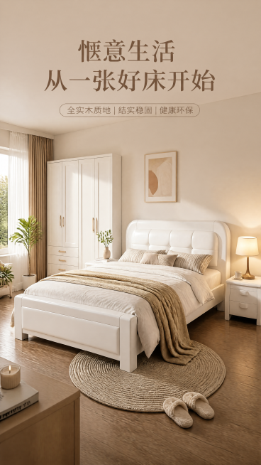 [第6屏]真实卧室场景体验，白色全实木床放在现代简约卧室中，保留图片1产品结构颜色不变，搭配衣柜、窗帘、绿植，暖自然光，氛围感温馨，标题惬意生活从一张好床开始，9:16，4K，文字清晰。预览效果