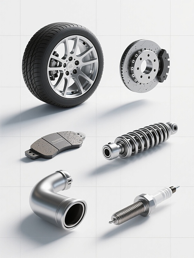 六个汽车配件以规整网格排布，包含轮胎、轮毂、刹车片、减震器、排气管和火花塞，每个配件均采用高写实3D渲染，表面呈现细腻的金属质感与橡胶纹理，光影效果为柔和侧光形成自然阴影，整体造型简约现代，统一置于纯白色纯色背景中，无任何文字、logo及水印。