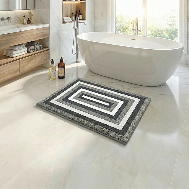 把图中的浴室垫缩小二分之一，并且靠近浴缸，浴缸加大三分之一。