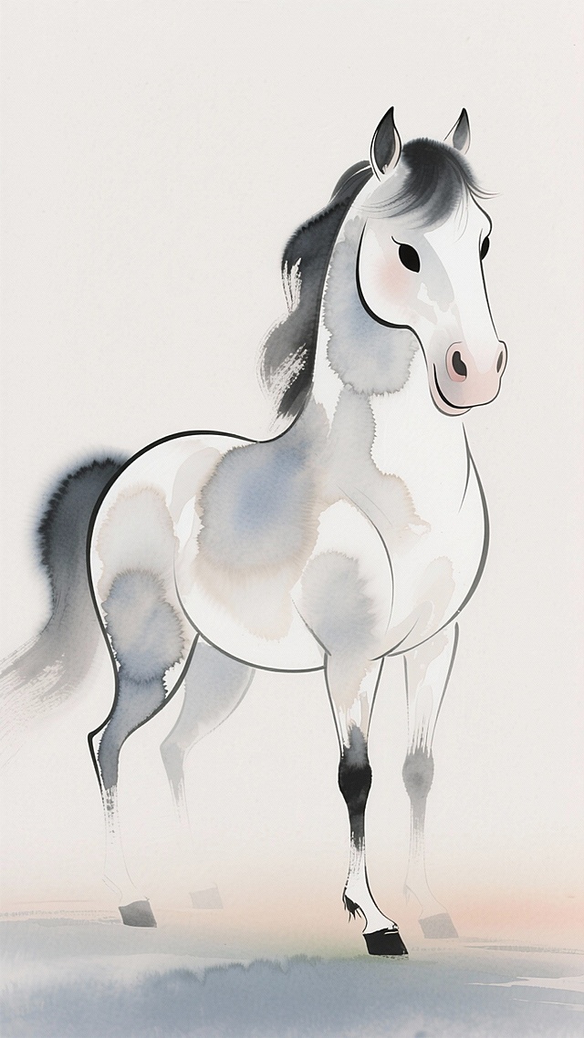 马，线条明快，漫画风格，一幅滑稽夸张的生肖马，突出幽默和古怪的特点，漫画风格、夸张的大头，夸张俏皮的神情。极致高清和细节。原创，漫画，抽象，夸张