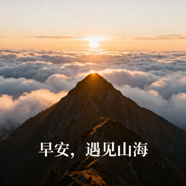 山谷里的云海，太阳刚升起，露出金色的山尖，配 “早安，遇见山海”100*100PK预览效果