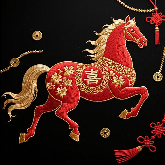 主体是赤红鎏金奔马（马身饰 “喜” 字纹样和缠枝金纹，鬃尾呈柔滑飘逸质感，鎏金部位反光细腻），色调以红、金为主，风格华贵喜庆。背景是纯黑色，点缀金色铜钱串与红色中国结，传递招财纳喜之意。