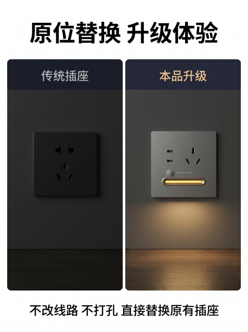 [主图 4] 传统插座vs本品改造对比展示。[氛围风格] 清晰对比，直观差异。[画质] 商业摄影质感、光线柔和通透、产品清晰真实、画面干净高级。[元素] 画面左右分栏对比，左侧为传统五孔插座无夜灯，夜预览效果