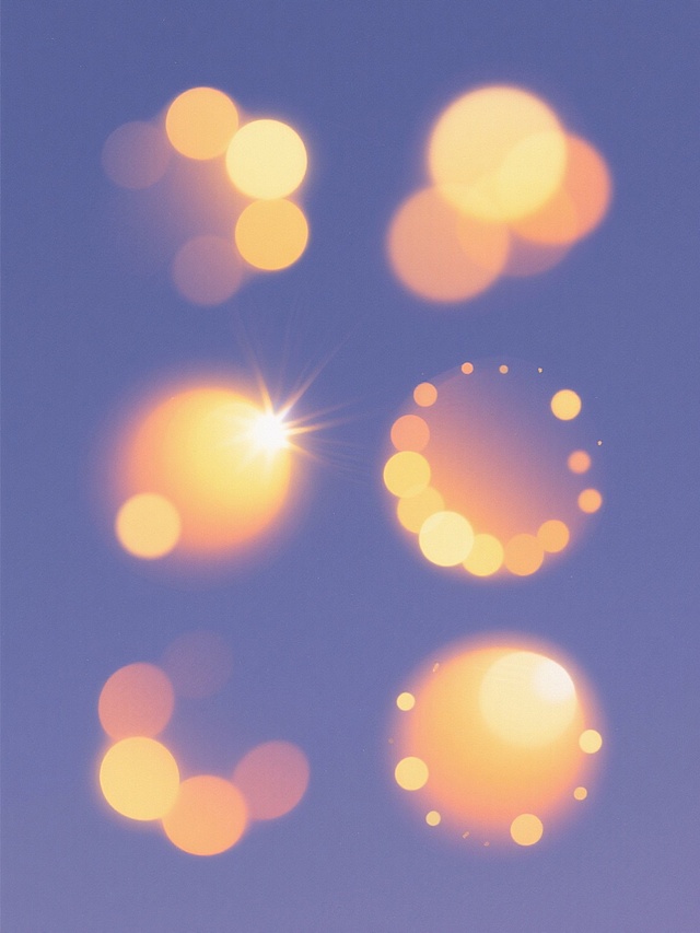 纯色背景上的系列光斑素材集合，包含6个完全不同造型和角度的光斑元素，所有光斑均采用暖黄色和橙色渐变配色，整体呈现梦幻的散景效果，光斑边缘柔和，具有轻微的模糊感和光晕，6个光斑元素规整地排布在纯色背景上，保持整体的平衡与和谐。