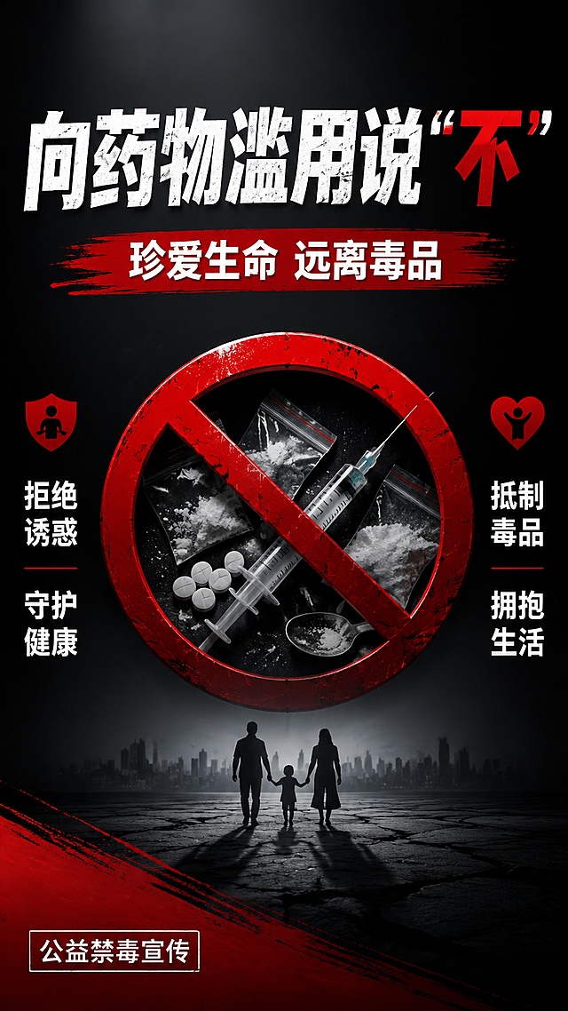 公益禁毒宣传海报，写实警示风格，设计版式精美，主标题文字"向药物滥用说“不”"，副标题文字"珍爱生命 远离毒品"，左下角装饰文字"公益禁毒宣传"，左侧卖点文字"拒绝诱惑 守护健康"，右侧卖点文字"抵制毒品 拥抱生活"，画面采用深色调搭配红色警示色块，中央有禁止符号图形，背景采用简约深色渐变，整体氛围严肃庄重，提醒公众远离毒品，守护健康生活，文字清晰可读，层级分明，信息传达清晰