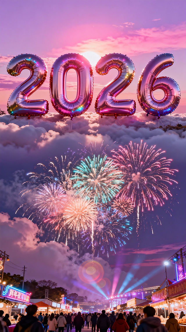 气球质感巨型 “2026” 立在上方天空新年烟花云海，顶沐暖粉霞光，下面是流光溢彩的跨年夜市集，光晕交织紫粉晚霞色调