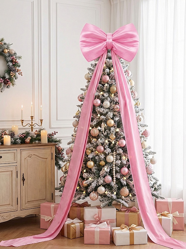 法式轻奢圣诞风场景，以参考图中的亮面质感粉色缎面超大蝴蝶结为圣诞树核心装饰，蝴蝶结造型挺括，带子从圣诞树顶端垂落至地面，粉色柔和浪漫，和圣诞传统红绿色系优雅撞色。背景是浅白色护墙板搭配透光白色纱帘，明亮柔和的室内氛围，左侧木质边柜摆放蜡烛、圣诞藤枝，复古温馨，和缎面蝴蝶结的轻奢风呼应。圣诞树底部摆放粉金白色礼盒，强化圣诞节日仪式感，整体以粉色为主色调，搭配白色软装，弱化传统圣诞配色的浓烈感，凸显优雅精致的质感