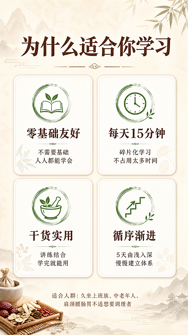 肩颈腰腿胃调理营
人人都能学会的调理课
授课师资
忻盛杰 老师
安愈堂主任
出身于中医世家
累计调理2万人次

肩颈腰腿胃直播内容

周一:带你揭开中医导引按跷的神秘面纱!从根源调理身体 
周二:手把手教学:两个基础手法轻松缓解肩颈腰痛 
周三:痛点攻坚:肩颈+腰腿+肠胃，组合方案一套见效
周四:辨证+穴位配伍逻辑，教你应对复杂身体问题 
周五:5天课程复盘!帮你巩固手法+学会日常养护

肩颈腰腿胃
限时特惠价  1元  原价989元

扫码报名