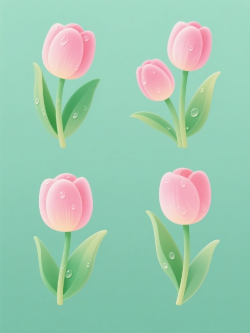 一套4个规整排布的数字插画素材，保持明亮柔和的卡通插画风格，每个素材中包含不同造型样式的郁金香，花朵采用光滑细腻的渐变粉色花瓣，带有晶莹剔透的水珠细节，搭配绿色渐变花茎和叶片，均以纯色背景呈现，无任何文字、logo及水印，整体视觉清新明快，色彩和谐统一。预览效果
