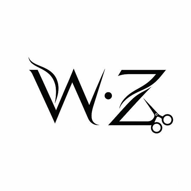 纯白色背景。平面艺术字体设计，理发店logo图标，主体为"W·Z"两个字母，现代极简时尚风格，几何化线条重构设计，字母W和Z通过流畅的曲线与锐利的直线结合，笔画粗细均匀有设计感，字母之间巧妙连笔共用形成整体图形感，融入剪刀或发丝的抽象意象，黑色单色。仅包含两个字母："W"、"Z"，中间以小圆点分隔，不得增加、遗漏或替换任何一个字母。文字整体必须完整呈现在画面内不可被裁切，四周留有安全边距。比例1:1。