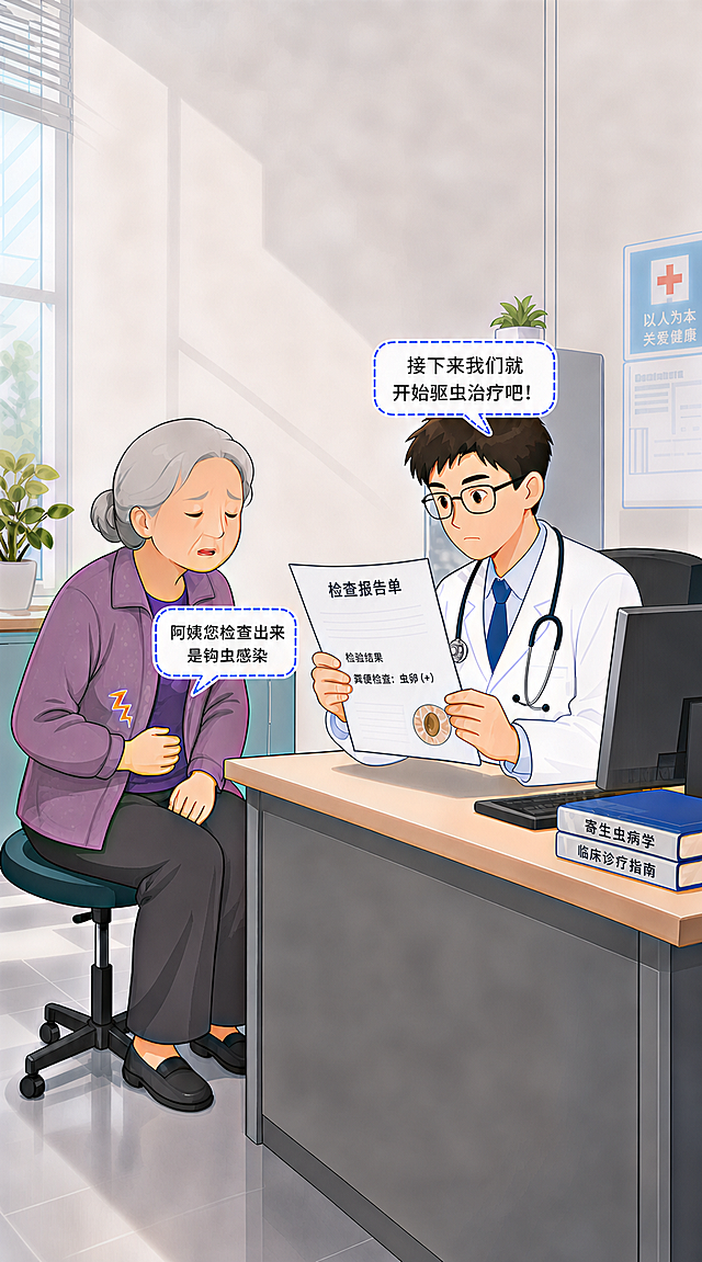 将这张图所有对话框、书本和报告单文字的字体统一调整为思源黑体，同时修正所有乱码文字，保持原有布局、人物和背景不变，保证整体风格统一，报告单标题改为“检查报告单”，检验结果写“粪便检查：虫卵 (+)”，书本文字从上到下改为“寄生虫病学”“临床诊疗指南”