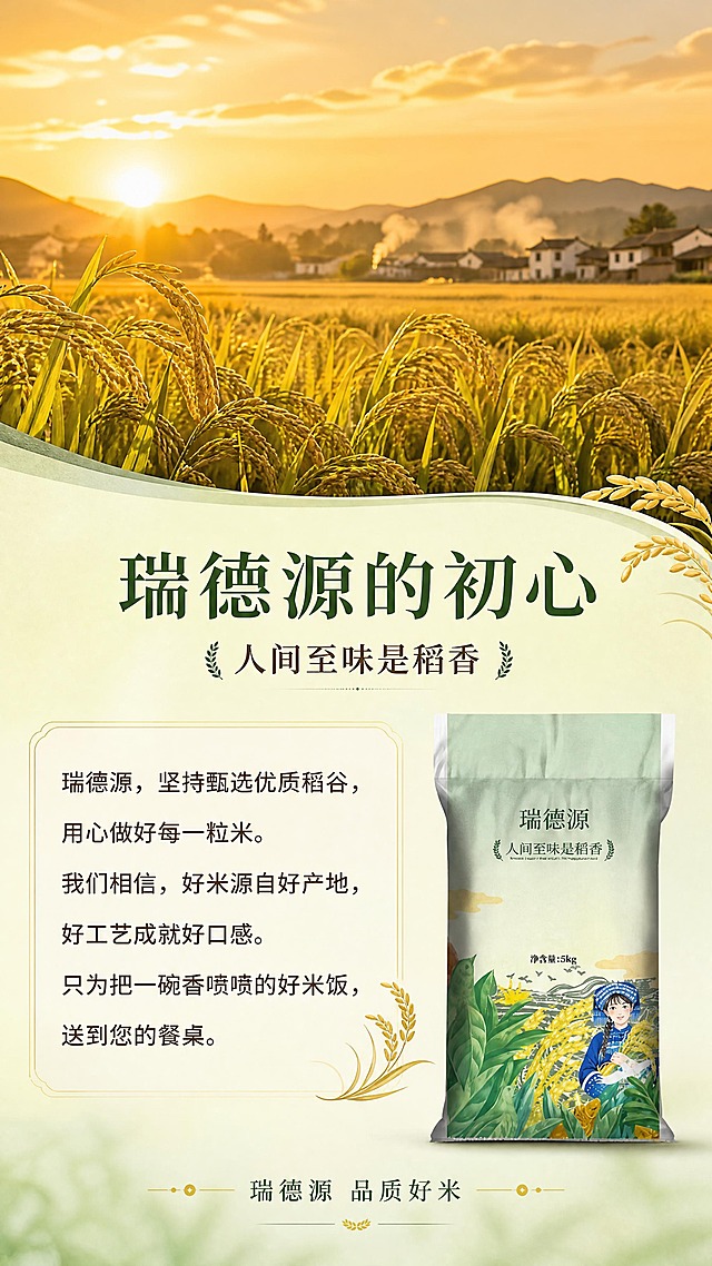 [第11张] 品牌故事页-瑞德源品牌理念故事。本张使用【图1】正面米袋作为产品辅助展示。
[商品] 使用【图1】正面瑞德源5kg稻香米袋；保留包装所有细节，放置于右下角辅助展示。
[画面] 目标传递品牌温度和理念。画面上半部分是金色稻田风光，夕阳西下，稻穗在微风中摇曳，远处有村庄炊烟袅袅；下半部分是品牌故事文字区，右下角放置瑞德源米袋，占比约20%；整体画面有文化底蕴和品牌故事感，温暖有情怀。
[视觉] 套系策略：风格=田园民族风+家常烟火气，温暖自然商业摄影质感；标题字=温润宋体粗体；正文字=简洁黑体；主色=浅草绿+米白色；背景延展=基于米白和浅绿做渐变层次、稻田虚化质感；强调色=金黄色，仅用于稻穗、标签点缀和高光；标题色=深墨绿色；正文色=深棕色；组件=圆角浅底信息卡、细线引线、稻穗装饰元素；光影=暖金色夕阳光线，洒在稻田上，温暖有氛围感，整体柔和有故事感。
[文字] 顶部场景+中部故事文字+底部产品版式。主标题「瑞德源的初心」，副标题「人间至味是稻香」，温润宋体居中；中部品牌故事段落：「瑞德源，坚持甄选优质稻谷，用心做好每一粒米。我们相信，好米源自好产地，好工艺成就好口感。只为把一碗香喷喷的好米饭，送到您的餐桌。」；底部产品旁标注「瑞德源 品质好米」。
[规格] 9:16竖版比例，4K分辨率，文字清晰可辨，高清画质。负向：产品变形，水印，文字错乱，场景不真实，人物乱入，色调灰暗，故事文字过小。