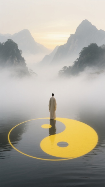 中国水墨画风格，淡雅的灰白色调为主，点缀明亮的黄色，柔和的漫射光源，远处朦胧的山峰轮廓，前景是云雾缭绕的水面，水面上有一个清晰的太极阴阳图案，阴阳鱼的轮廓用明亮的黄色勾勒，一位身穿浅色长袍的人站在太极图案的边缘，背对着观众，望向远方的山峰，整体氛围宁静、空灵、富有哲思，画面构图遵循三分法，远处的山峰和近处的太极图案形成视觉引导线，营造出深远的空间感和意境美。预览效果