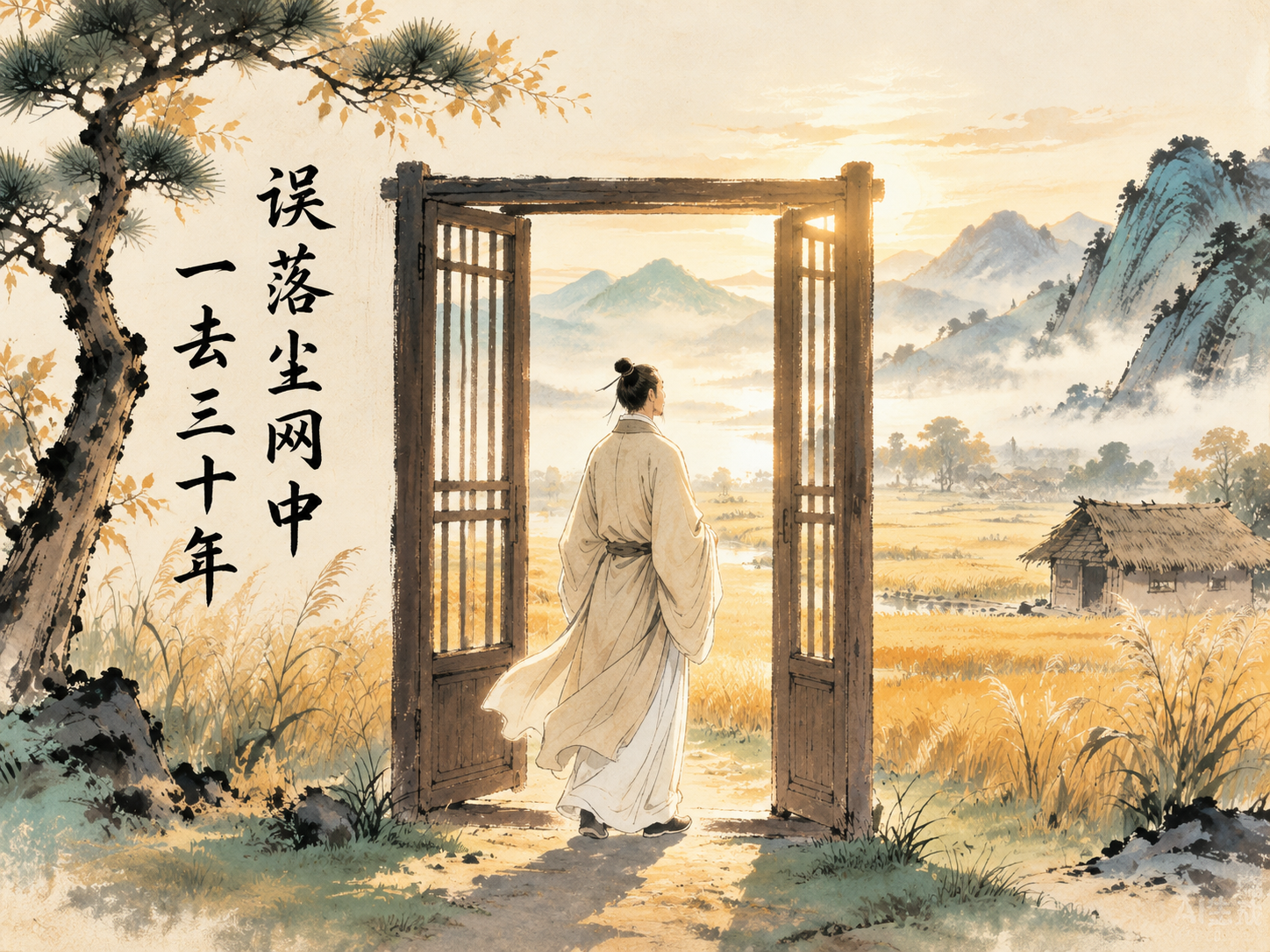 参考图的中国风水墨插画风格，一位身穿米白色长袍的古代男子背对观… - 图片创意预览