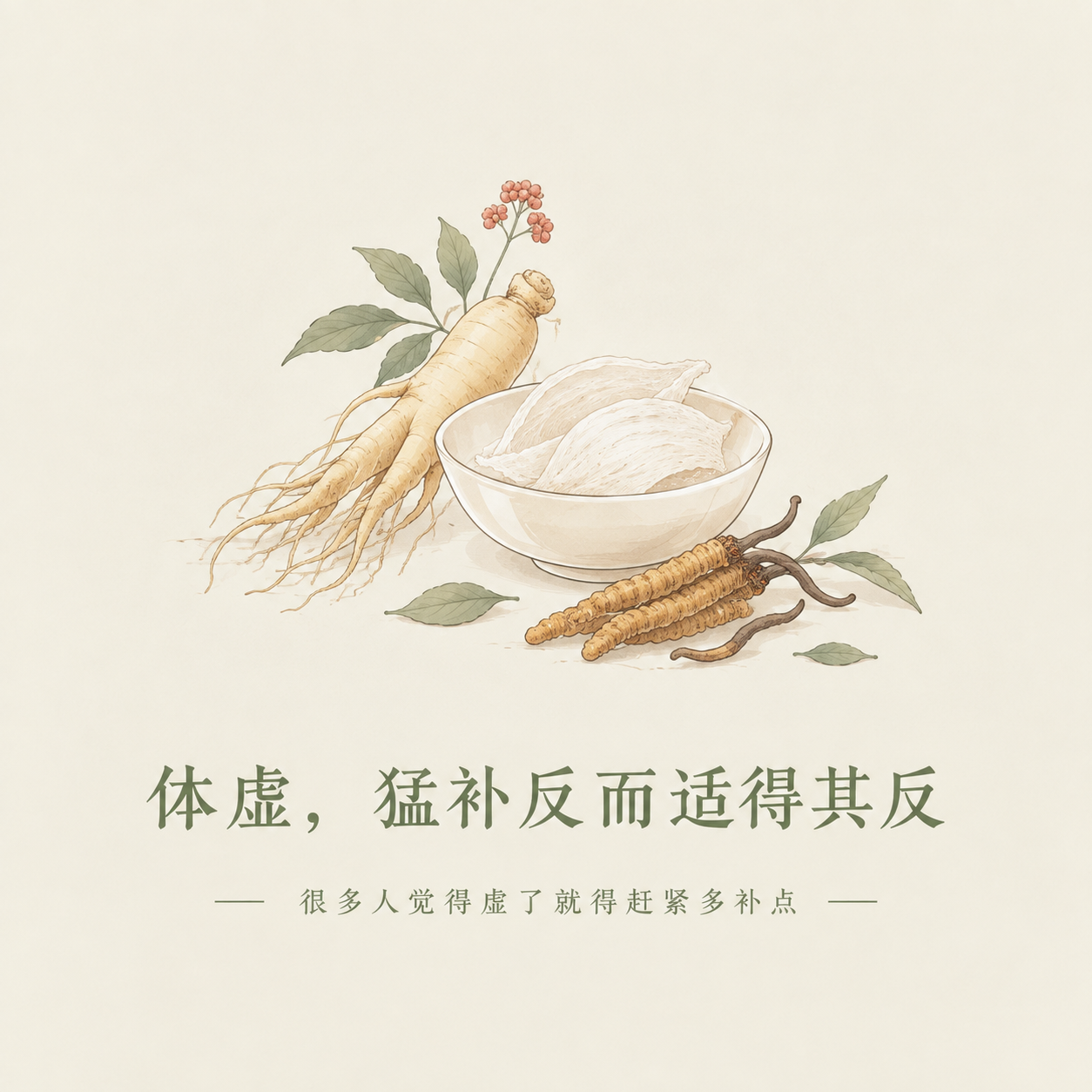 参考图风格的极简草本养生插画，画面上方是各种名贵补品（人参、燕… - 图片创意预览