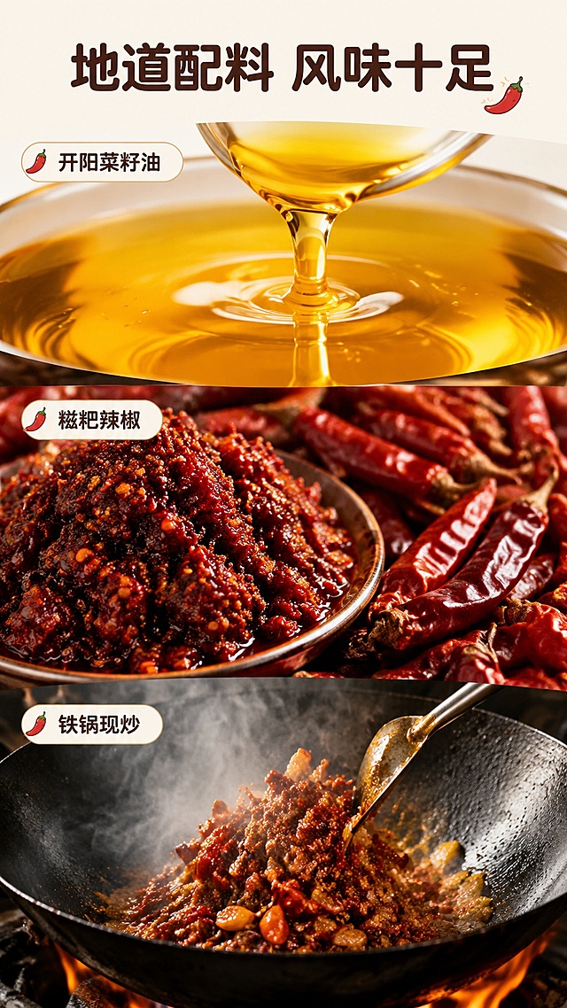 [第3屏] 成分工艺展示屏-地道配料展示。本屏不使用用户产品图，展示核心配料。
[氛围/风格] 食材微距特写风格，真实食材质感，浓郁地道风味氛围。
[元素布局] 画面分三部分，上半部分展示开阳菜籽油金黄油质特写，中部展示特色糍粑辣椒和干红辣椒堆叠特写，下半部分展示铁锅炒制动作示意，三类核心元素各占约三分之一屏，每个元素放大呈现，合计占屏超过80%，突出真材实料。
[光影质感] 柔焦自然光，油质和辣椒保留清晰纹理，明暗层次分明。
[配色色系] 全局底色 #FAF4F0，主色金棕油色、深红辣椒色，辅助色深铁锅灰。
[视角构图] 竖版三格分区构图，从上到下阅读动线清晰。
[文字版式] 顶部主标题「地道配料 风味十足」，每个配料旁标注卖点：开阳菜籽油/糍粑辣椒/铁锅现炒，圆角字体，深色文字，每点配小辣椒图标点缀，不遮挡食材主体。
[比例分辨率] 9:16 竖版比例，4K分辨率，文字清晰可辨，高清画质。
[负向提示词] 食材变形，颜色失真，文字错乱，文字遮挡主体